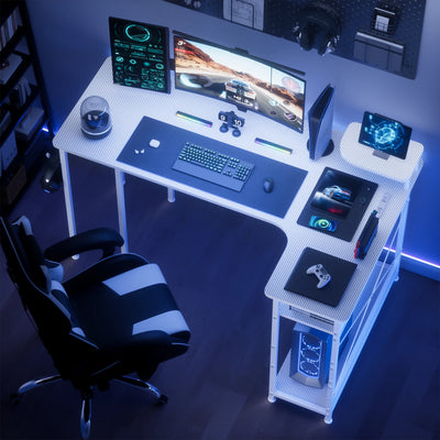 Mesa Gamer em L com Gavetas e Acabamento em Fibra de Carbono