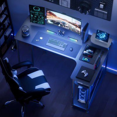 Mesa Gamer em L com Gavetas e Acabamento em Fibra de Carbono