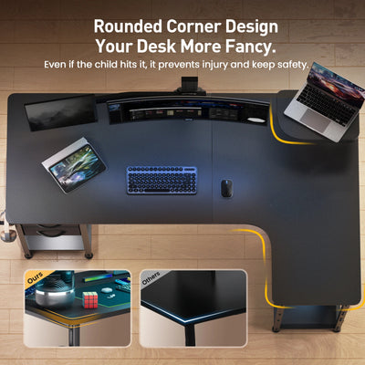 Mesa Gamer em L com Gavetas e Acabamento em Fibra de Carbono