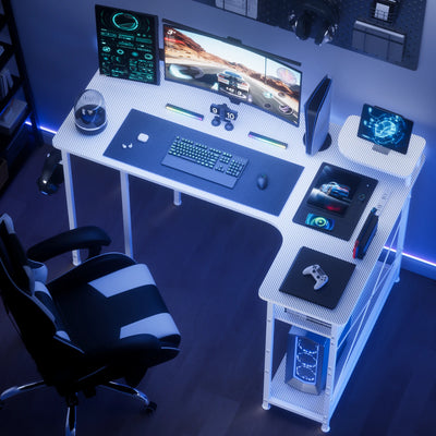 Mesa Gamer em L com Gavetas e Acabamento em Fibra de Carbono