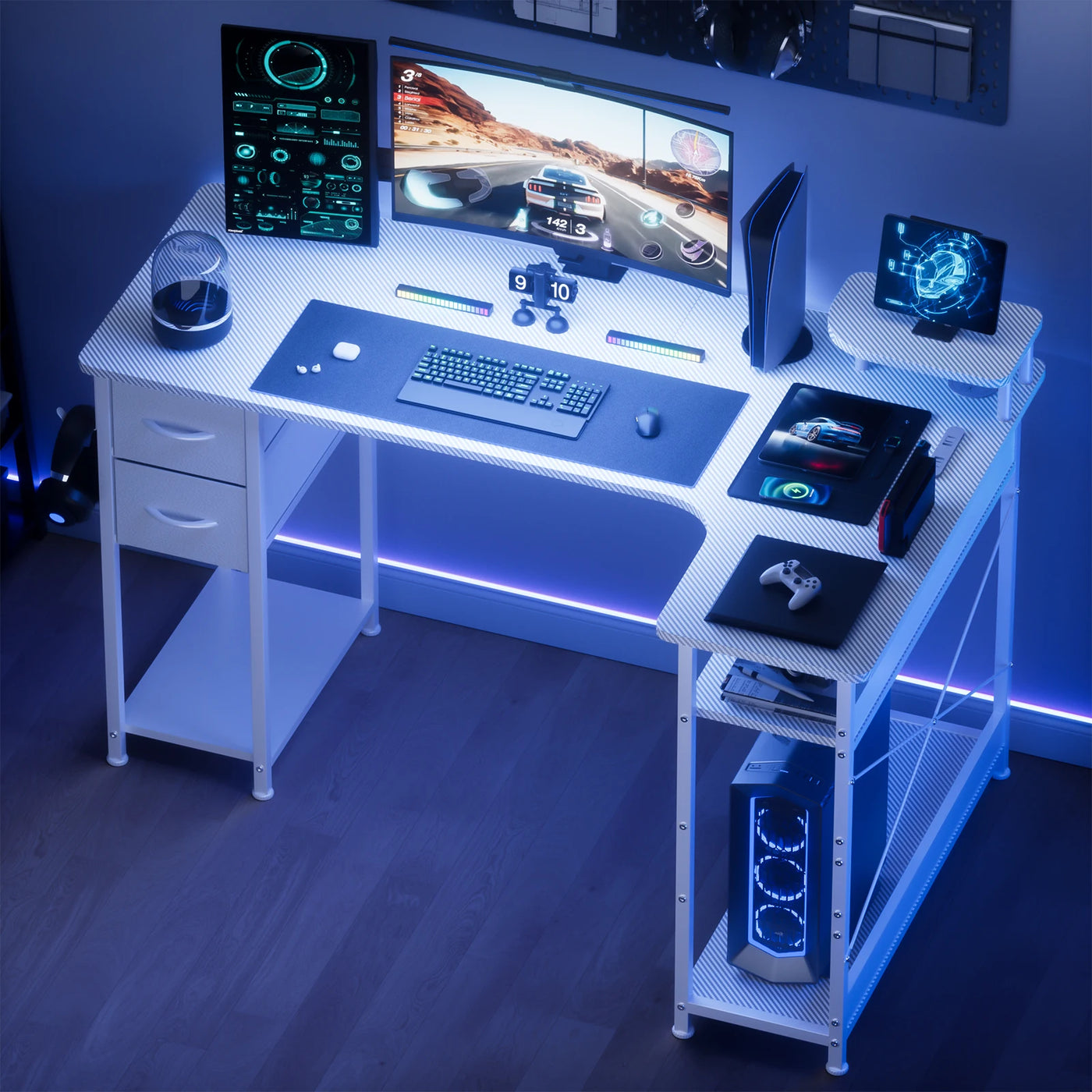 Mesa Gamer em L com Gavetas e Acabamento em Fibra de Carbono