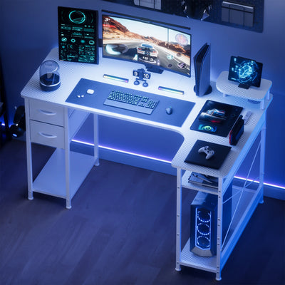 Mesa Gamer em L com Gavetas e Acabamento em Fibra de Carbono