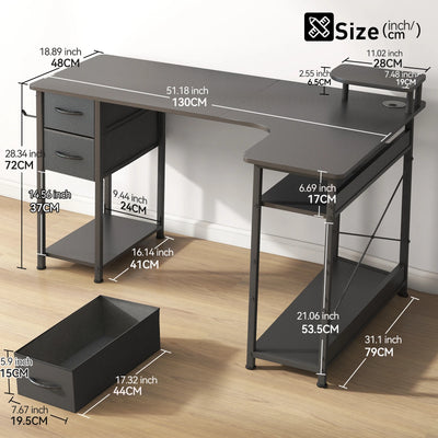 Mesa Gamer em L com Gavetas e Acabamento em Fibra de Carbono