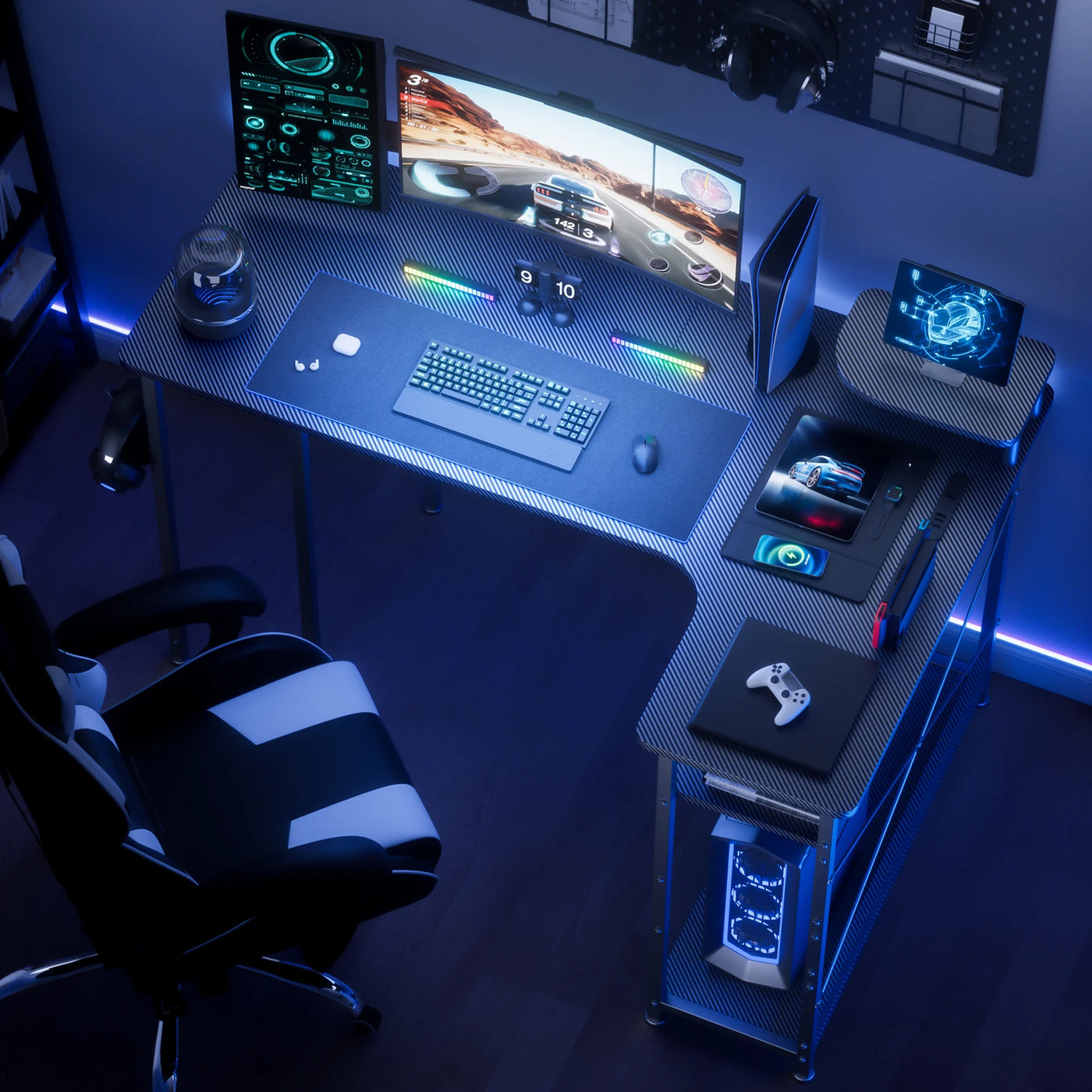 Mesa Gamer em L com Gavetas e Acabamento em Fibra de Carbono