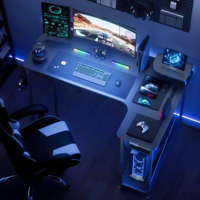 Mesa Gamer em L com Gavetas e Acabamento em Fibra de Carbono