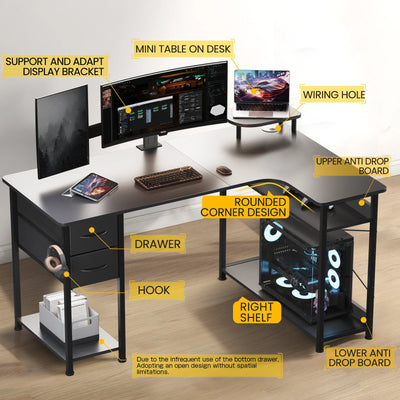 Mesa Gamer em L com Gavetas e Acabamento em Fibra de Carbono