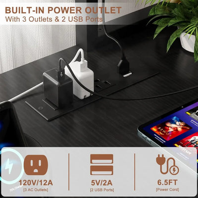 Mesa Gamer em L com LEDs, Tomadas e Suporte de Monitor