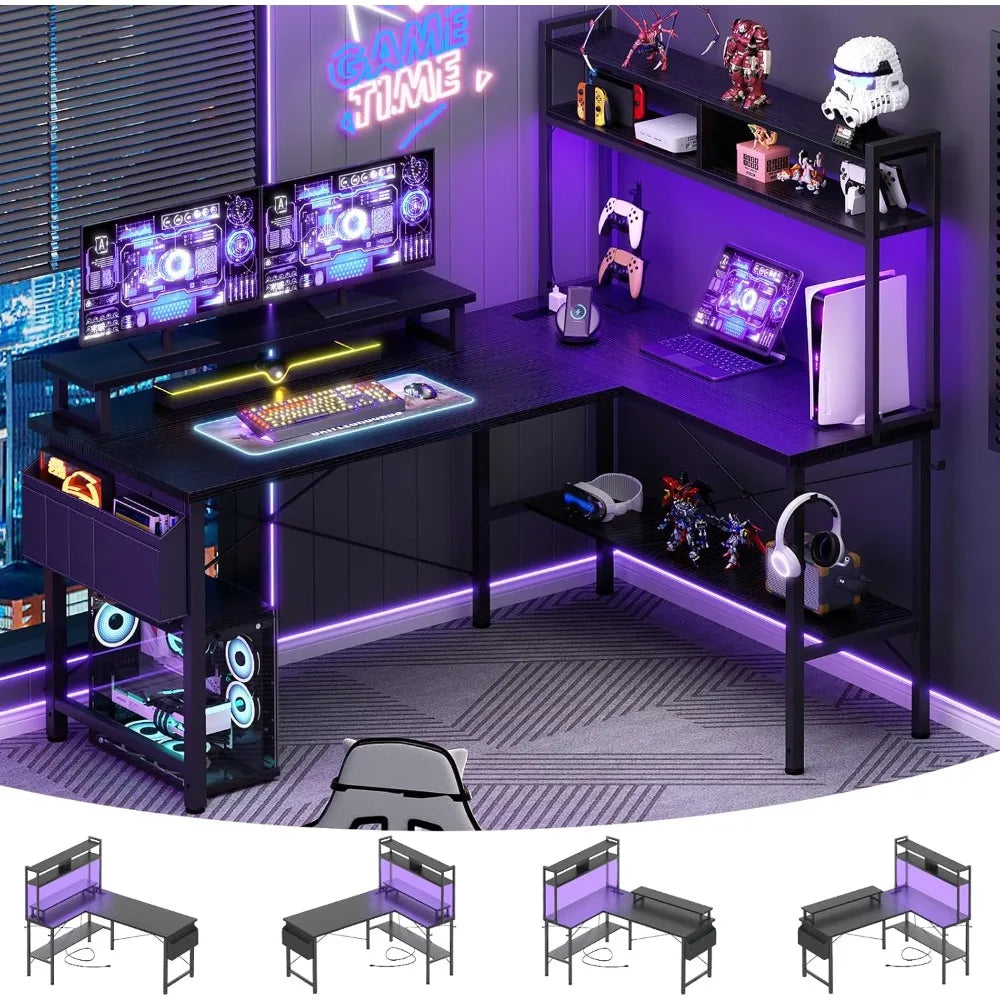 Mesa Gamer em L com LEDs, Tomadas e Suporte de Monitor