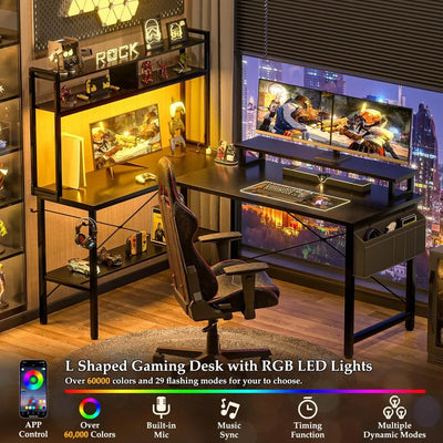 Mesa Gamer em L com LEDs, Tomadas e Suporte de Monitor
