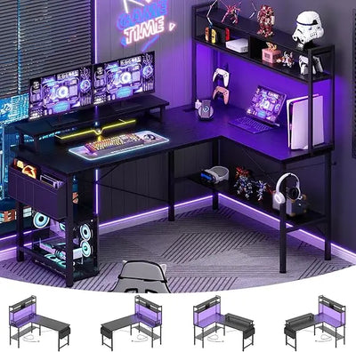 Mesa Gamer em L com LEDs, Tomadas e Suporte de Monitor